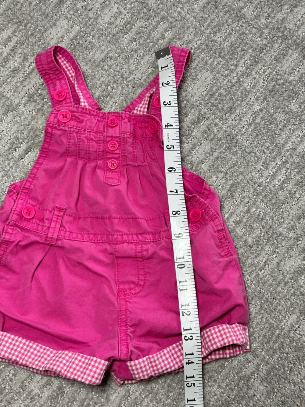 OshKosh B'gosh Bright Pink Gingham-Cuff Short Overalls | 18 months - Picture 4 of 9